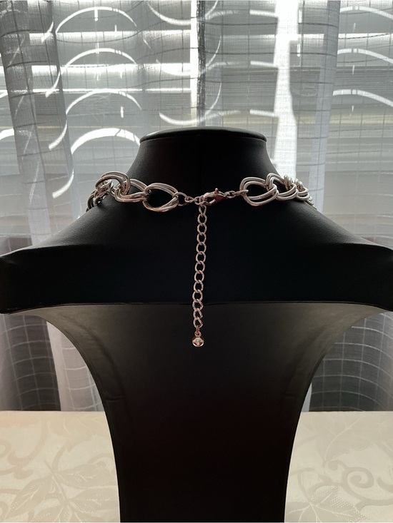 Double Curb Link Silver Tone Choker Statement Necklace